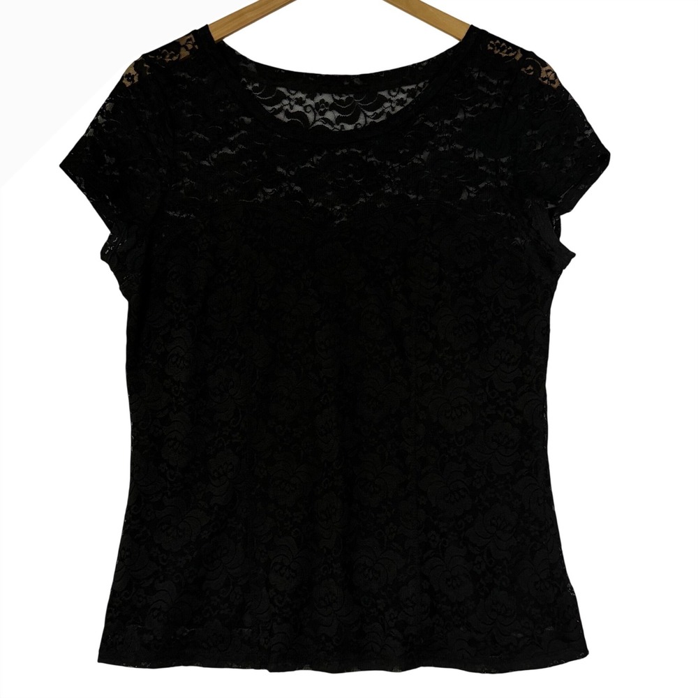 Elle Womens Size Medium Black Floral Lace‎ Sheer Blouse Dark Romantic Goth